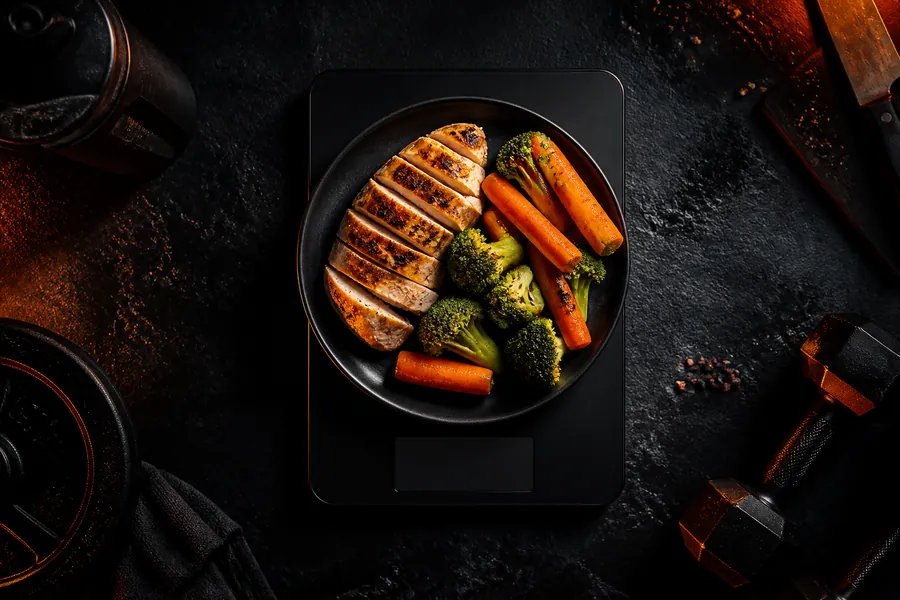Kitchen scale with grilled chicken and vegetables on a dark counter