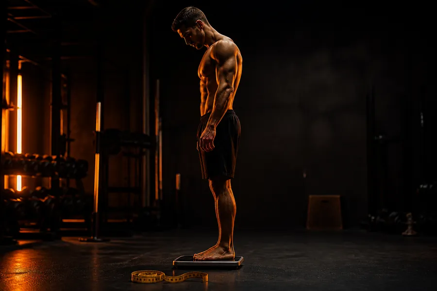Man standing on a digital scale in a dark gym with a tape measure
