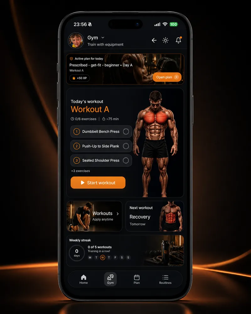 Today's workout on the home screen, with the exercises and the day's XP